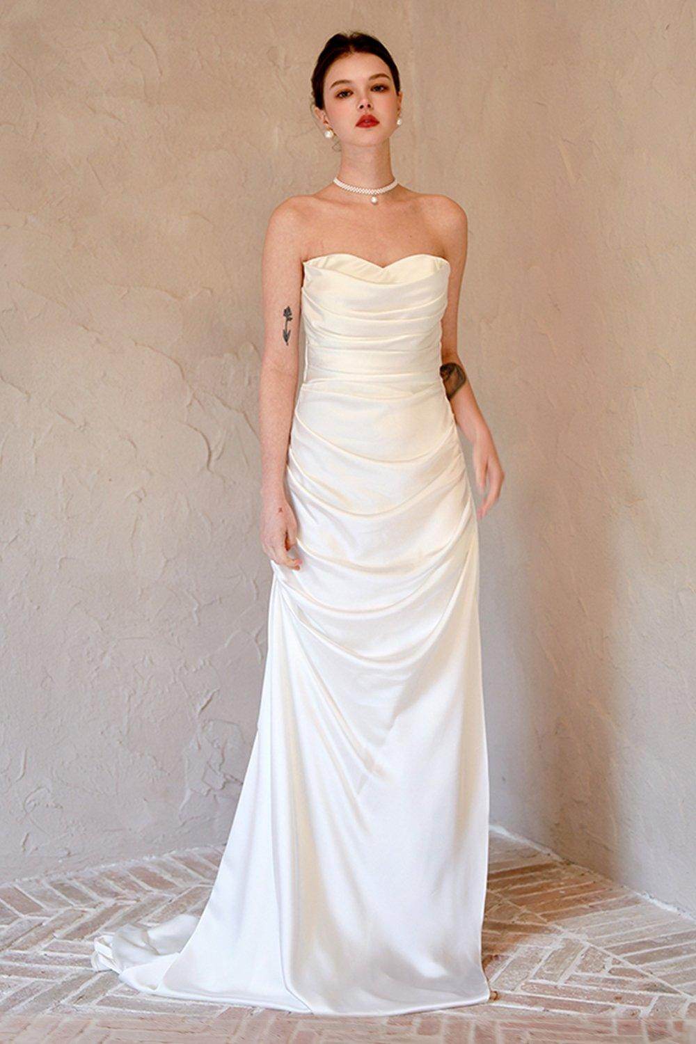 Sheath-Column Sweep-Brush Train Satin Wedding Dress CW3067 - COCOMELODY